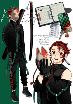 1boy :d alternate_costume bare_shoulders belt black_gloves black_jacket black_pants black_shirt black_shoes blush book brown_hair cellphone character_name charm_(object) contemporary earrings english_text fox_mask full_body gloves green_belt hashimoto_(yanagi-momo) holding holding_mask jacket jewelry kamado_tanjirou katana key kimetsu_no_yaiba long_sleeves looking_at_viewer male_focus mask medicine multiple_views off_shoulder open_book open_clothes open_jacket open_mouth pants phone red_eyes red_hair scar scar_on_face scar_on_forehead sheath sheathed shirt shoes short_hair shoulder_strap signature simple_background sleeveless sleeveless_shirt sleeveless_turtleneck smartphone smile sneakers standing sword sword_on_back teeth turtleneck unworn_mask weapon weapon_on_back white_background