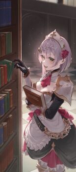 1girl absurdres armor armored_dress ascot boobplate book bookshelf braid braided_bangs breastplate breasts cleavage commentary_request dress flower genshin_impact green_eyes grey_hair hair_flower hair_ornament highres holding holding_book indoors kyanonpan50 large_breasts maid_headdress noelle_(genshin_impact) open_mouth red_ascot red_flower red_rose rose shoulder_armor solo standing tile_floor tiles
