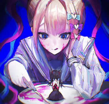 2girls :q ame-chan_(needy_girl_overdose) black_hair black_skirt blonde_hair blood blue_background blue_eyes blue_hair blue_serafuku blue_shirt chouzetsusaikawa_tenshi-chan commentary dual_persona english_commentary highres holding long_sleeves looking_down multicolored_hair multiple_girls needy_girl_overdose pao_(i_loxe_u) pink_blood pink_hair plate red_shirt revision sailor_collar school_uniform serafuku shirt sitting size_difference skirt smile tongue tongue_out twintails