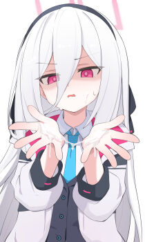 1girl blue_archive blue_necktie blush cum cum_on_body cum_on_hands dress_shirt facial halo hands_up jacket kei_(blue_archive) long_hair looking_at_another necktie nicomi-chan pink_eyes pink_halo school_uniform shirt simple_background solo straight_hair sweatdrop upper_body white_background white_hair white_jacket white_shirt