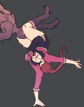 1girl acrobatics artistic_madman boots breasts cleavage cleavage_cutout clothing_cutout curvy dress female_focus fishnets gymnastics handstand highres large_breasts leather legs_up long_hair ponytail red_hair shermie_(kof) skirt the_king_of_fighters thick_thighs thighs wide_hips