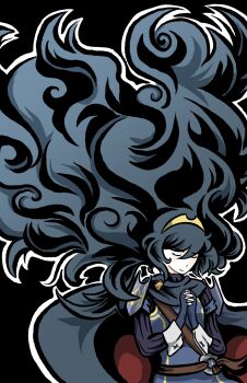 Rule 34 | 1girl, black background, blue cape, blue gloves, blue hair, cape, closed eyes, closed mouth, commentary, fingerless gloves, fire emblem, fire emblem awakening, floating hair, gloves, highres, johncaden, long hair, long sleeves, lucina (fire emblem), nintendo, outline, own hands together, simple background, smile, solo, tiara, upper body, very long hair, white outline