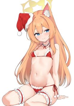 1girl animal_ears bikini blue_archive christmas commentary english_commentary hat highres long_hair mari_(blue_archive) navel red_bikini santa_bikini santa_costume santa_hat side-tie_bikini_bottom smile solo stomach swimsuit thighs zarashi