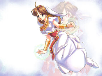 ahoge bindi blood blue_eyes brown_hair dress full_body high_heels kinu_(tengai_makyou) long_hair magic open_mouth red_eyes shoes tengai_makyou tengai_makyou_ii:_manjimaru tiara uchiu_kazuma veil white_veil wrist_cuffs yellow_wrist_cuffs