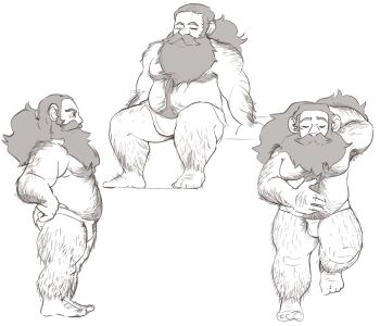 1boy ass_hair bara beard brown_hair bulge closed_eyes collage dungeon_meshi dwarf facial_hair full_beard full_body greyscale hairy highres large_pectorals loincloth long_beard male_focus mature_male monochrome mustache navel navel_hair pectorals profile rat_botgenius senshi_(dungeon_meshi) sitting standing stomach thick_arm_hair thick_beard thick_chest_hair thick_eyebrows thick_leg_hair thick_mustache thick_navel_hair thick_thighs thighs topless_male very_hairy very_long_beard
