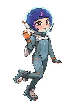 1girl aged_down aqua_bodysuit arm_at_side blue_hair bodysuit brown_eyes feet_up female_focus full_body hand_up juno_(overwatch) loli looking_at_viewer multicolored_bodysuit multicolored_hair open_mouth overwatch overwatch_2 pink_hair short_hair simple_background solo standing standing_on_one_leg streaked_hair two-tone_bodysuit two-tone_hair white_background witchuus