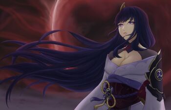 1girl 45895456723 absurdres armor blunt_bangs blurry blurry_foreground breasts bridal_gauntlets cleavage closed_mouth clothing_cutout genshin_impact hair_down hair_flowing_over hair_ornament head_tilt highres japanese_clothes kimono large_breasts long_sleeves looking_at_viewer looking_to_the_side mitsudomoe_(shape) mole mole_under_eye moon neck_ribbon off_shoulder pink_lips purple_eyes purple_hair purple_kimono raiden_shogun red_background red_moon red_ribbon red_sash red_sky ribbon sash shoulder_armor shoulder_cutout sky solo standing thick_lips tomoe_(symbol) upper_body wide_sleeves wind