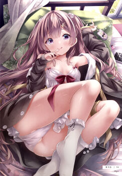 1girl :p absurdres ankle_socks armpit_crease artist_name ass babydoll bare_shoulders beads black_jacket blush breasts brown_hair collarbone dengeki_moeoh full_body hair_beads hair_between_eyes hair_ornament hair_spread_out hairclip head_on_pillow highres holding indoors jacket knees_up legs long_hair looking_at_viewer lying magazine_scan no_shoes on_back on_bed open_clothes open_jacket original page_number panties pillow purple_eyes ryo_(botugo) scan shiny_skin sidelocks small_breasts smile socks solo sweatdrop thighs third-party_source tongue tongue_out two_side_up underwear very_long_hair white_babydoll white_panties white_socks