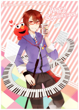 1boy amatsuki_(utaite) artist_request brown_eyes brown_hair commentary_request elmo happy_synthesizer_(vocaloid) indie_utaite jacket long_sleeves looking_at_viewer male_focus non-web_source open_mouth pants sesame_street shirt short_hair simple_background smile solo source_request two-sided_shirt utaite white_shirt