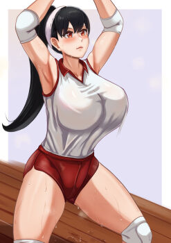 1girl black_hair blush breasts closed_mouth cloud exercising hairband highres large_breasts long_hair looking_up midriff pants pleia_desu ponytail purple_background red_eyes red_shorts shirt shorts smile solo sportswear spy_x_family sweat t-shirt thighs white_hairband white_shirt wooden_floor yor_briar