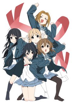 5girls absurdres akiyama_mio arm_up artistic_error bad_tag black_eyes black_hair black_pantyhose black_socks blonde_hair blue_eyes blue_skirt blush blush_stickers brown_eyes brown_hair cheering choppy_bangs clenched_hands closed_eyes collared_shirt double-parted_bangs hair_intakes hair_ornament hairband hairclip hands_up highres hirasawa_yui jacket k-on! kneeling kotobuki_tsumugi long_hair mangpum_(taro109210) medium_hair multiple_girls nakano_azusa neck_ribbon open_mouth pantyhose pleated_skirt red_ribbon ribbon sakuragaoka_high_school_uniform school_uniform shirt skirt smile socks suit_jacket tainaka_ritsu thick_eyebrows twintails white_background white_socks