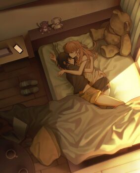 2girls black_shirt brown_hair camisole cellphone closed_eyes closed_mouth coffee_mug commentary commission cuddling cup english_commentary from_above grey_shorts hand_on_another&#039;s_waist highres long_hair mug multiple_girls naoi_(zenbu_kowashite_jigoku_de_aishite) on_bed phone pillow satellite378 shirt short_hair short_sleeves shorts sleeping slippers smartphone stuffed_animal stuffed_toy teddy_bear white_camisole yoshizawa_kurumi yuri zenbu_kowashite_jigoku_de_aishite