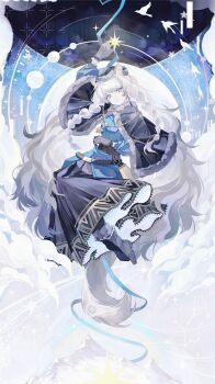 Rule 34 | 1girl, absurdly long hair, absurdres, animal ear fluff, arknights, arm up, belt, black belt, black capelet, black gloves, black skirt, blue hat, blue ribbon, boots, braid, capelet, chinese commentary, commentary request, full body, fur-trimmed capelet, fur trim, gloves, grey boots, grey eyes, grey hair, hair between eyes, hat, highres, jewelry, long hair, long sleeves, looking at viewer, necklace, pramanix (arknights), pramanix (caster's frost) (arknights), ribbon, side braids, skirt, snow leopard ears, snow leopard girl, snow leopard tail, solo, tan ji shengwu cl, twin braids, very long hair