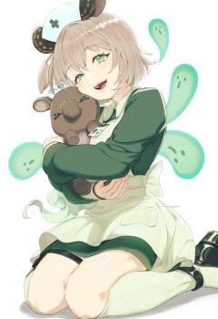 &gt;_&lt; 1girl animal animal_ears animal_hug brown_hair darkgreyclouds dress green_dress green_eyes indie_virtual_youtuber kneehighs naplings_(nimi_nightmare) nimi_nightmare nimi_nightmare_(1st_costume) nimi_nightmare_(tapir) shoes side_ponytail sitting socks virtual_youtuber wariza white_background