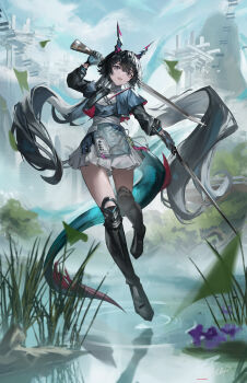 Rule 34 | absurdres, arknights, arknights: endfield, artist name, az'ruler, black boots, black hair, blue gloves, blue horns, blue tail, boots, chen qianyu (arknights), commentary, cropped jacket, day, dragon girl, dragon horn, dragon horns, dragon tail, dress, dual wielding, eastern dragon tail, full body, gloves, grey eyes, highres, holding, holding sword, holding weapon, horns, jacket, knee boots, long hair, long sleeves, looking at viewer, open clothes, open jacket, open mouth, outdoors, pink horns, pink pupils, red tail, short dress, solo, sword, tail, teeth, twintails, upper teeth only, weapon