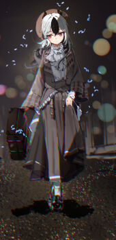 1girl absurdres black_hair black_horns blue_archive briefcase closed_mouth grey_jacket grey_skirt highres holding holding_briefcase horns jacket kayoko_(blue_archive) multicolored_hair red_eyes skirt solo star1ynight two-tone_hair white_hair