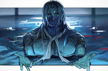 1boy absurdres arknights arm_out_of_frame black_bodysuit bodysuit breasts cleavage covered_mouth covered_pectorals dim_lighting floating_hair head_out_of_frame highres large_pectorals long_hair looking_at_viewer mahimeko male_focus mask moonlight mouth_mask muscular muscular_male ocean open_hands out_of_frame pale_skin pectoral_cleavage pectorals red_eyes scar scar_across_eye scar_on_face scarf ulpianus_(arknights) water water_drop white_hair white_scarf