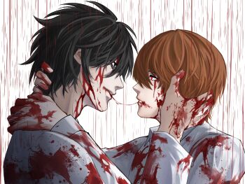 2boys after_kiss black_eyes blood blood_on_clothes blood_on_face blood_on_hands blood_trail brown_hair collared_shirt commentary death_note english_commentary eye_contact from_side hand_on_another&#039;s_head hand_on_another&#039;s_neck highres keshikibtl l_(death_note) long_sleeves looking_at_another male_focus multiple_boys raining_blood red_eyes saliva saliva_trail shirt simple_background teeth upper_body white_background white_shirt yagami_light yaoi