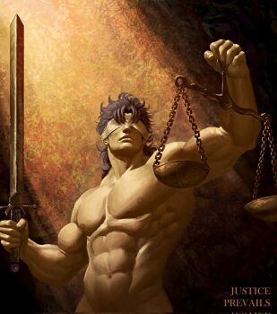 1boy abs balance_scale blindfold blue_hair covered_eyes cowboy_shot hands_up holding holding_scale holding_sword holding_weapon jojo_no_kimyou_na_bouken jonathan_joestar lady_justice long_hair luck_and_pluck male_focus muscular muscular_male navel nude pectorals phantom_blood scourgeanti solo sunlight sword weapon weighing_scale