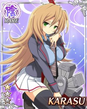 1girl black_coat black_necktie black_thighhighs blue_shirt border breasts brown_hair card_(medium) character_name closed_mouth coat diagonal-striped_clothes diagonal-striped_necktie electric_guitar english_text game_cg green_eyes guitar holding holding_guitar holding_instrument instrument karasu_(senran_kagura) kneeling large_breasts light_frown long_hair looking_at_viewer necktie official_art open_clothes open_coat pleated_skirt senran_kagura senran_kagura_new_wave shirt skindentation skirt solo striped_clothes thighhighs white_skirt