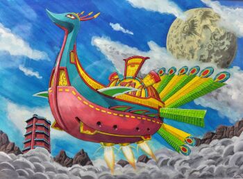 above_clouds aircraft airship blue_sky building cloud commentary_request highres mizutani_kenta moon no_humans outdoors sky tengai_makyou tengai_makyou_zero vehicle_focus