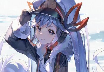 1girl aqua_eyes aqua_hair black_gloves black_necktie blush closed_mouth collared_shirt commentary_request fur-trimmed_jacket fur-trimmed_sleeves fur_trim gloves gradient_hair hair_between_eyes hair_ornament hair_ribbon hat hatsune_miku highres jacket karasuro light_blush long_hair long_sleeves looking_at_viewer multicolored_hair necktie official_alternate_costume official_alternate_hairstyle peaked_cap red_hair red_ribbon red_shirt ribbon sailor_hat shirt smile snowflakes solo twintails very_long_hair vocaloid white_hat yuki_miku yuki_miku_(2022)