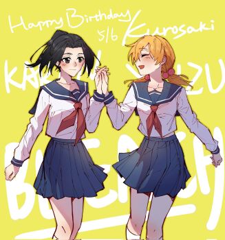 Rule 34 | 2girls, black hair, bleach, bleach: sennen kessen-hen, brown eyes, character name, closed eyes, commentary, copyright name, corrupted twitter file, english commentary, hair bobbles, hair ornament, happy birthday, high ponytail, highres, holding hands, interlocked fingers, kneehighs, kurosaki karin, kurosaki yuzu, long sleeves, low twintails, miniskirt, multiple girls, open mouth, orange hair, pleated skirt, ponytail, school uniform, serafuku, siblings, silegesi, sisters, skirt, smile, socks, twins, twintails, white socks