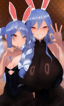 2girls :/ alternate_breast_size_(larger) alternate_costume animal_ear_fluff animal_ears bare_shoulders black_bodystocking blue_hair blush bodystocking braid braided_ponytail braided_twintails breasts bright_pupils carrot carrot_hair_ornament clothing_cutout collar collarbone extra_ears eyebrows_visible_through_hat eyelashes food-themed_hair_ornament hair_between_eyes hair_ornament hair_over_shoulder hazuki_kazue high_collar highres hololive huge_breasts long_hair looking_at_viewer mature_female medium_breasts meme mom_and_her_daughter_(meme) mother_and_daughter multicolored_hair multiple_girls narrowed_eyes oral_invitation pekomama rabbit_ears rabbit_girl red_eyes see-through_bodystocking see-through_clothes sidelocks sleeveless smile standing steam thick_eyebrows twin_braids two-tone_hair underboob_cutout usada_pekora virtual_youtuber white_pupils