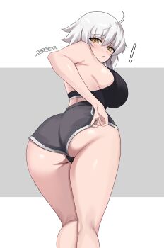 ! 1girl absurdres ass bare_shoulders bent_over black_sports_bra blush breasts dolphin_shorts fate/grand_order fate_(series) grey_hair grey_shorts highres icbm100 jeanne_d'arc_alter_(fate) large_breasts looking_at_viewer looking_back short_hair shorts solo sports_bra thighs yellow_eyes
