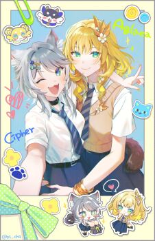 Rule 34 | 2girls, aglaea (honkai: star rail), aglaea (oatmeal) (honkai: star rail), alternate costume, belt buckle, blonde hair, blue eyes, bow, braid, buckle, cat girl, cipher (honkai: star rail), cipher (master cat-thief) (honkai: star rail), green eyes, grey hair, hair ornament, hairclip, highres, honkai: star rail, honkai (series), kurape (pat1na), laurel crown, multiple girls, necktie, one eye closed, school uniform, shirt, skirt, smile, sticker