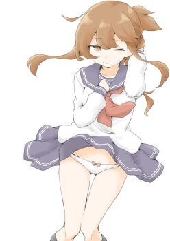 1girl akara_kai anchor_symbol black_sailor_collar black_skirt blush brown_eyes brown_hair clothes_lift cowboy_shot folded_ponytail hair_ornament hairclip highres inazuma_(kancolle) kantai_collection long_hair long_sleeves neckerchief one_eye_closed panties pleated_skirt sailor_collar school_uniform serafuku skirt skirt_lift solo underwear white_background white_panties wind wind_lift