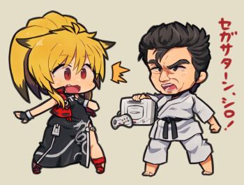 1boy 1girl ahoge animal_ears blonde_hair brown_hair chibi china_dress chinese_clothes dougi dress fingerless_gloves fox_ears full_body game_console gloves ibara. long_hair multicolored_hair namco_x_capcom ponytail project_x_zone_2 red_eyes sega sega_saturn segata_sanshirou super_robot_wars super_robot_wars_og_saga_mugen_no_frontier ^^^ surprised thick_eyebrows two-tone_hair vest xiaomu zipper