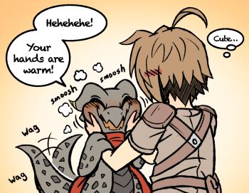 1boy ahoge armor bandana beak blush cape deviantart dragon dragon_horns dragon_tail earrings english_text hand_on_own_face highres horns jewelry kobold kobold_(rakkuguy) monster_girl monsters_can_be_heroes_to neck orange_background original rakkuguy tail tail_wagging