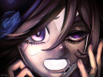 Rule 34 | 1girl, blue flower, blue rose, broken mask, brown hair, close-up, crack, cracked kawaii mask, cracked mask, flower, hair over one eye, hand on own face, hands on own face, hat, hat flower, highres, horse girl, long hair, looking at viewer, mask, portrait, purple eyes, rice shower (umamusume), rose, solo, tilted headwear, umamusume, yowhza