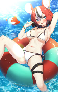 1girl :d animal_ears arm_up armpits bikini black_hair black_streaks blue_eyes breasts chahanramen cleavage commentary double-parted_bangs hair_between_eyes hakos_baelz halterneck highres hololive hololive_english innertube large_breasts looking_at_viewer lying mouse_ears mouse_girl mr._squeaks_(hakos_baelz) navel on_back on_innertube open_mouth red_hair sharp_teeth short_hair side-tie_bikini_bottom smile solo stomach swim_ring swimsuit teeth thigh_strap upper_teeth_only virtual_youtuber water wet white_bikini white_streaks