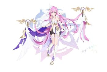 1girl bell black_shorts boots breasts chinese_commentary commentary_request corset diamond-shaped_pupils diamond_(shape) elysia_(herrscher_of_human:_ego)_(honkai_impact) elysia_(honkai_impact) highres honkai_(series) honkai_impact_3rd large_breasts long_hair multicolored_hair pink_hair purple_eyes short_shorts shorts signet_of_ego smile solo symbol-shaped_pupils toysheif two-tone_hair veil very_long_hair white_boots white_corset white_hair white_veil