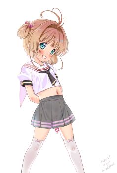 blush brown_hair cardcaptor_sakura grin hair_bobbles hair_ornament kinomoto_sakura loli looking_at_viewer midriff nanjou_asuka navel pussy pussy_juice_drip school_uniform see-through_clothes sex_toy short_hair skirt smile stomach sweat thighhighs tomoeda_elementary_school_uniform transparent white_background white_thighhighs