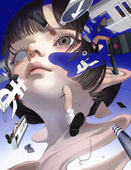 1girl absurdres black_hair blood cigarette commentary freckles gradient_background highres mikasamu original severed_arm severed_leg severed_limb shoes short_hair sign