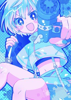 1girl absurdres artist_self-insert blue_eyes blue_theme commentary_request cropped_jacket cute_weapon gun heart highres holding holding_gun holding_weapon jacket looking_at_viewer midriff mukai_nanase nanachi_(7mizzz) open_mouth original short_hair shorts sitting solo tenshi_kaiwai weapon white_hair wings