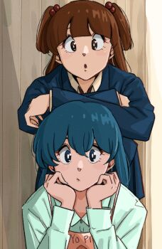 apron arms_on_head blue_eyes blue_hair blush brown_eyes brown_hair chick_print closed_mouth collar collared_shirt highres looking_at_viewer maison_ikkoku open_mouth otonashi_kyouko piyo_piyo_apron poppowerhearts sailor sailor_collar shirt short_twintails twintails wooden_wall yagami_ibuki