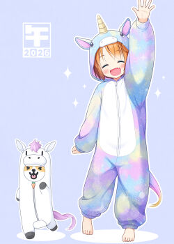 >_< 1girl 2026 :d ^_^ animal animal_costume animal_ears barefoot blue_background blush brown_hair chinese_zodiac closed_eyes clothed_animal dog facing_viewer fang highres horse_costume horse_ears horse_tail inuarashi long_sleeves meiko_(inuarashi) onesie open_mouth original puffy_long_sleeves puffy_sleeves shadow smile sparkle standing standing_on_one_leg tail tongue tongue_out unicorn_costume unicorn_horn year_of_the_horse