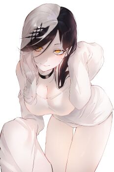 Rule 34 | 1girl, absurdres, alternate hairstyle, bare shoulders, bent over, black choker, black hair, blush, breasts, choker, cleavage, closed mouth, commentary, english commentary, eyelashes, hair ornament, hairclip, highres, hololive, hololive english, kurochanai, large breasts, long hair, long sleeves, looking at viewer, multicolored hair, no pants, panties, pink lips, shiori novella, shirt, simple background, sleeves past fingers, sleeves past wrists, smile, solo, split-color hair, thighs, underwear, upturned eyes, virtual youtuber, white background, white hair, white panties, white shirt, yellow eyes