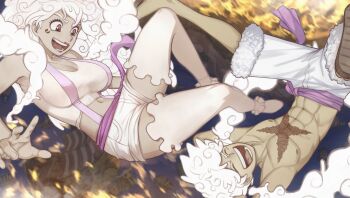 absurdres alternate_form cloud_hair curly_eyebrows devil_fruit_power gear_fifth haki_(one_piece) hat highres jewelry_bonney monkey_d._luffy non-web_source one_piece qmerlem sandals scar scar_on_chest scar_on_face short_hair smile straw_hat white_hair