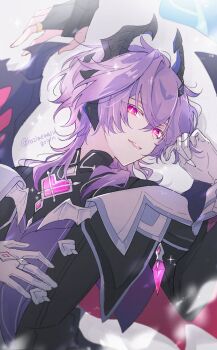 2boys absurdres cheroi dragon_horns dragon_wings genshin_impact gloves highres horns jewelry lying mini_durin_(genshin_impact) multiple_boys on_back pink_eyes purple_hair ring scaramouche_(genshin_impact) smile wanderer_(genshin_impact) watermark white_gloves wings