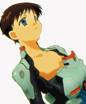1boy 4zw89qkqagggcf7 blue_eyes bodysuit brown_hair collarbone highres ikari_shinji mecha_pilot_suit neon_genesis_evangelion parted_lips plugsuit_(evangelion) simple_background solo tareme undressing upper_body white_background white_bodysuit