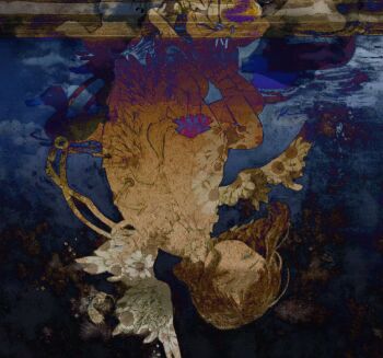 1girl acrylic_paint_(medium) brown_hair commentary_request floral_print flower highres karintoun long_hair original painting_(medium) reflection ribbon sunset traditional_media water watercolor_(medium) wavy_hair wings