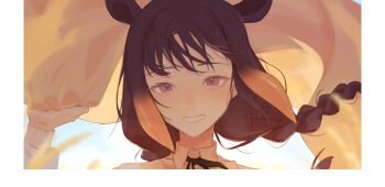 Rule 34 | 1girl, :d, absurdres, black ribbon, braid, close-up, collared shirt, commentary, english commentary, gradient hair, grin, highres, holding, hololive, hololive english, long hair, long sleeves, looking at viewer, low twin braids, multicolored hair, neck ribbon, ninomae ina'nis, open mouth, orange hair, pointy ears, purple eyes, purple hair, ribbon, ryuko lee, shirt, sidelocks, smile, solo, tentacle hair, twin braids, virtual youtuber, white shirt