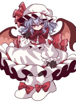 1girl bat_wings black_gloves blue_hair bow bowtie commentary_request frilled_skirt frills full_body furiba_794 gloves hair_between_eyes hat hat_ribbon highres long_sleeves looking_at_viewer mob_cap pink_hat pink_shirt pink_shoes pink_skirt puffy_long_sleeves puffy_sleeves red_bow red_bowtie red_eyes red_ribbon remilia_scarlet ribbon shirt shoes short_hair simple_background skirt smile solo touhou white_background wings