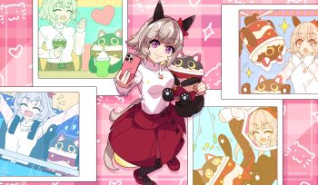 +_+ 1girl absurdres animal_ears black_cat blush bow breasts casual cat cellphone closed_eyes closed_mouth commentary cup cupsie_yummy curren_chan_(casual)_(umamusume) curren_chan_(umamusume) duel_monster ear_bow ear_covers english_commentary food fruit grey_hair hair_between_eyes heart heart_necklace highres holding holding_phone holding_spoon horns horse_ears horse_girl horse_tail jewelry long_sleeves looking_at_viewer necklace open_mouth phone photo_(object) purple_eyes red_bow red_skirt roller_coaster scalizo selfie shirt short_hair single_ear_cover skirt smartphone smile sparkle spoon strawberry stuffed_toy sweater tail turtleneck umamusume white_sweater yellow_eyes yu-gi-oh!