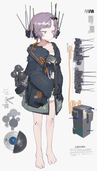 1girl absurdres asymmetrical_bangs barefoot black_eyes black_jacket cable chongmoyu_loligogh closed_mouth dress full_body grey_background headgear highres jacket long_sleeves machine neck_tattoo open_clothes open_jacket original purple_hair short_dress short_hair simple_background solo tattoo white_dress